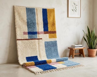 Hand-Knotted Wool Berber Rug – Abstract Geometric Moroccan Carpet, Boho Living Room Decor