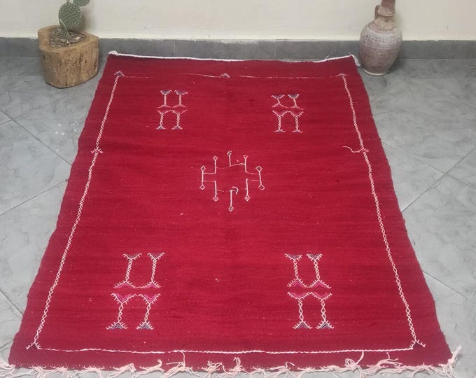Handmade Red Berber Rug – Authentic Wool Moroccan Carpet with Traditional Amazigh Symbols – 100% Natural