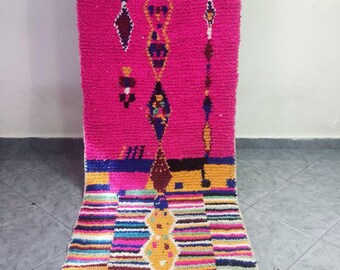 Handmade Pink Wool Azilal Runner Rug, Authentic Moroccan Tribal Boho Decor