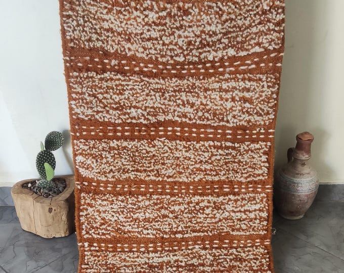 Handwoven Moroccan Berber Rug: Burnt Orange Wool Runner (107x65 cm