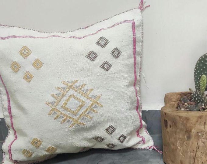 Embroidered White Sabra Cushion – Yellow, Brown & Pink Accents – Handmade Moroccan Decor – Berber Throw Pillow – 47x47cm