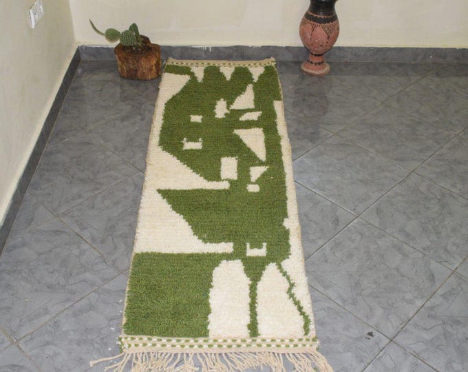 Handwoven Moroccan Runner Rug: Green & Cream Wool, Berber Geometric Design