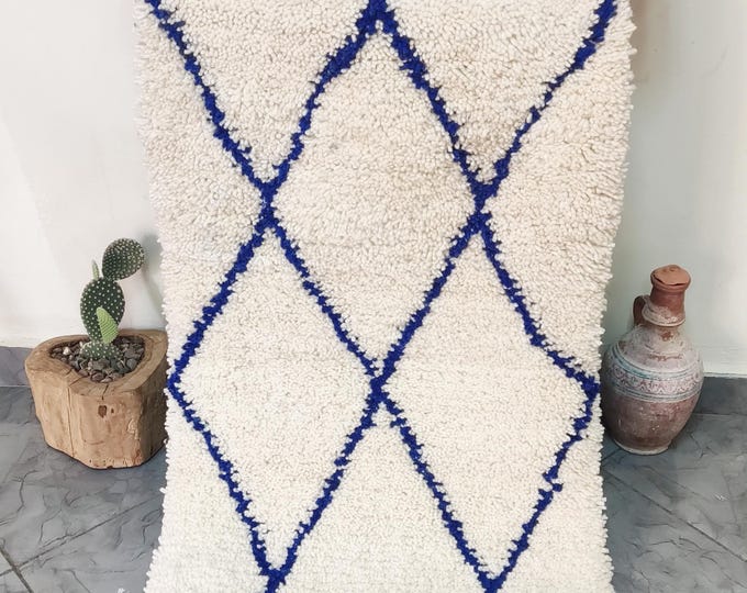 Handmade Wool Berber Rug: Blue Diamond Azilal Carpet, 110x67cm