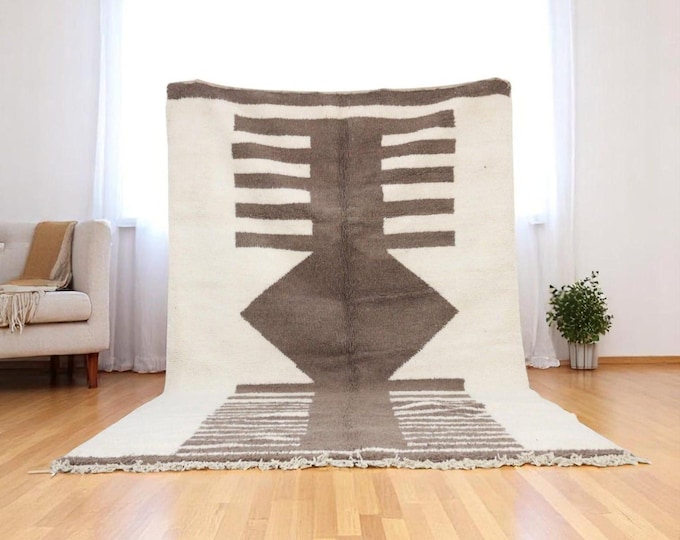 Modern Boho Wool Rug | Handwoven Moroccan Style Area Rug | Neutral Geometric Tribal Carpet | Minimalist Home Decor