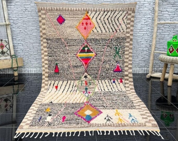 personalized gift – Moroccan Handmade Rug – Beni Ourain Style Wool Berber Carpet – White Handwoven Modern Rug – Azilal Inspired