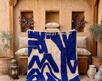 Abstract Cobalt Blue Berber Rug – Handmade Wool Carpet, Moroccan Living Room Decor