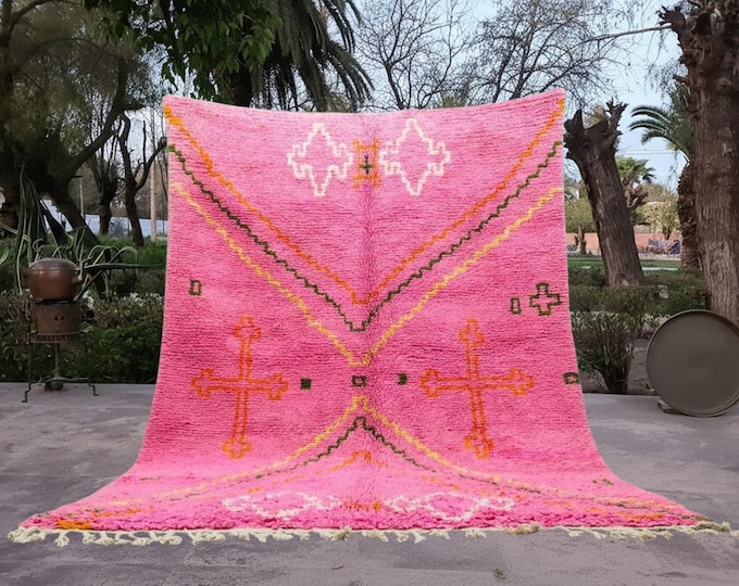 Handmade Pink Moroccan Rug – Beni Ourain Style Wool Carpet –  Boho Decor – Vibrant Tribal Design –  Living Room Statement Rug