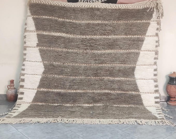 Handmade Wool Moroccan Berber Rug – Natural Brown & Cream – Thick Vintage Beni Ourain Carpet – 200×200 cm Tribal Decor