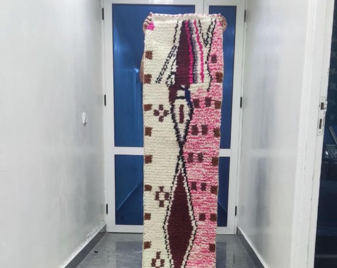 Handmade Pink Berber Runner Rug: Moroccan Wool Hallway Carpet