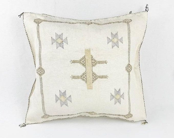 Handmade Moroccan Cactus Silk Pillow Cover: White Sabra Lumbar Cushion