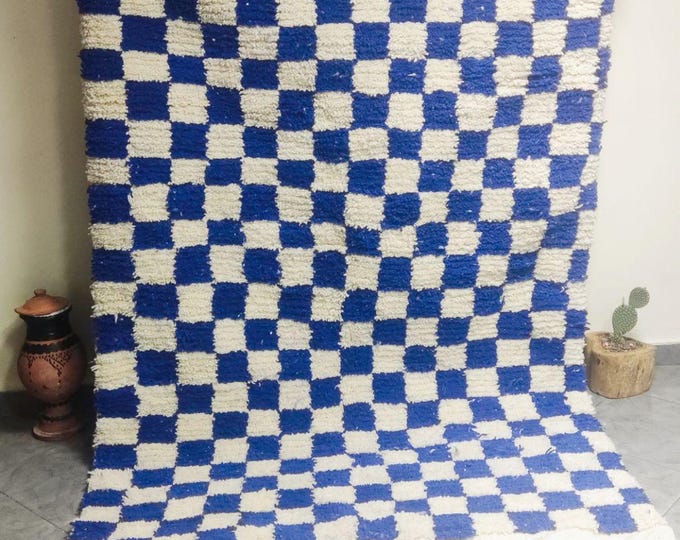 Handmade Moroccan Berber Rug Blue White Checkerboard Pattern | Wool Carpet | Boho Home Decor | Cozy Unique | Natural Wool