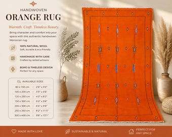 Handwoven Orange Berber Rug, Authentic Wool Tribal Carpet, Boho Home Decor