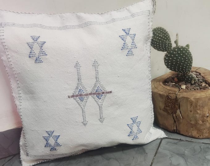 Handwoven Moroccan Sabra Pillow: Blue & Grey Amazigh Cactus Silk Cushion