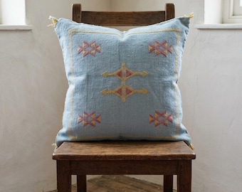 Handmade Moroccan Sabra Cushion Cover 20x20 Inch, Berber Pillow, Blue Boho Decor, Tribal Throw Pillow, Moroccan Home Accent