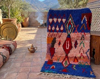Colorful Moroccan Boujad Rug, Pink Blue Berber Carpet, Tribal Boho Living Room Home