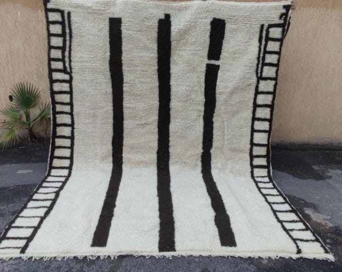 Handmade Moroccan Rug – White with Black Lines | Authentic Atlas Wool Carpet | Custom Orders + Free Shipping Available