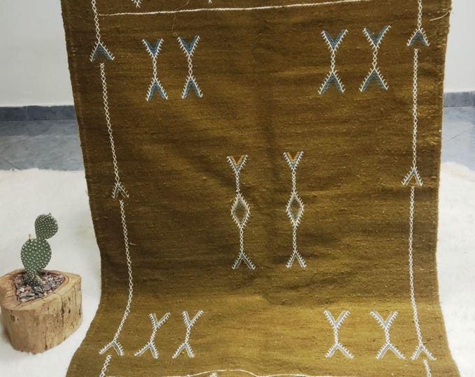 Handwoven Olive Green Wool Rug: Berber Design, Earthy Rustic Decor