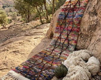 Colorful Moroccan Boucherouite Runner Rug – Handmade Berber Rag Carpet, Boho Diamond Pattern