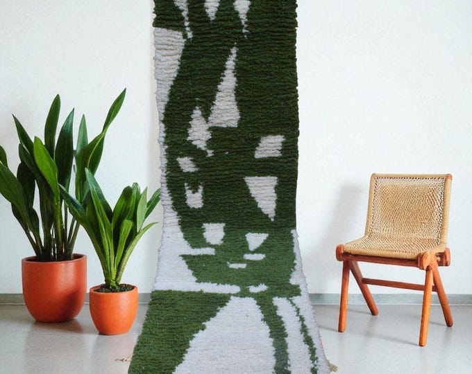 Handmade Moroccan Wool Rug: Green & White Berber Art, Modern Boho Decor