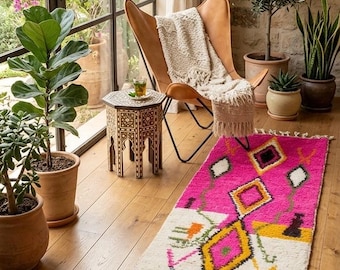 Handmade Pink Wool Runner, Vibrant Boucherouite Boho Hallway Carpet