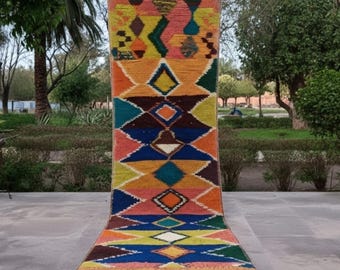 Colorful Moroccan Berber Runner Rug – Handwoven Wool Hallway Carpet, Geometric Boho Style Home Decor