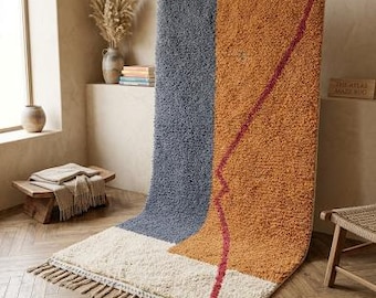 Hand-Knitted Wool Rug, Abstract Geometric Berber Carpet, Orange Blue Cream Nordic Living Room Decor