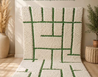 Handwoven Moroccan Wool Rug, Ivory Green Geometric Berber Carpet, Plush Shag Home Decor