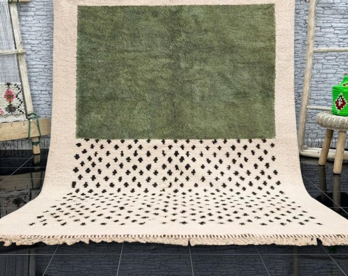 AMAZING DOOTED RUG, Soft Beni Ourain Rug, High-Quality Moroccan Wool Rug, White & Green Rug, Custom Size Area Rug, Handmade Berber Carpet