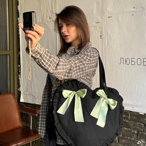 Black Heart Tote Bag handmade : Removable Bows ( 7 colours)