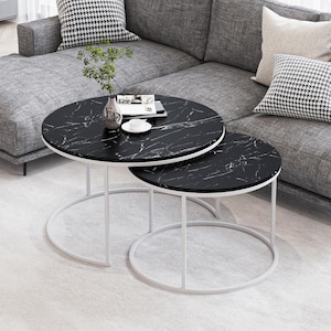 Tavolini da caffè rotondi effetto marmo nero – Modello Parigi – Set di 2 eleganti tavolini impilabili in metallo bianco