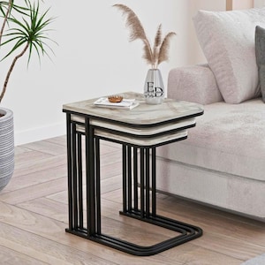 Tables Gigognes Rectangulaires Effet Marbre Blanc – Modèle Lyon – Set de 3 Tables Basses Modernes en Métal Noir