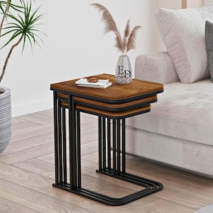 Dark Wood Rectangular Nesting Tables – Lyon Model – Set of 3 Industrial Black Metal Design Coffee Tables
