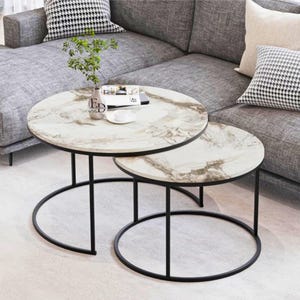 Lot de 2 Tables Basses Gigognes Rondes, Plateaux Effet Bois ou Marbre, Structure Métal, Table de Salon Moderne, 5 Coloris