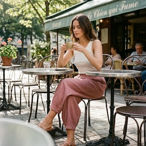 May include: A woman seated at a bistro table, holding a cup of coffee. She wears a white tank top and dusty rose-colored pants. The scene is set outdoors with other tables and chairs visible.
