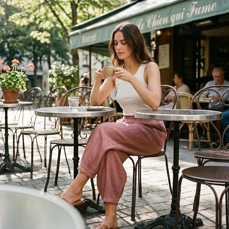 May include: A woman seated at a bistro table, holding a cup of coffee. She wears a white tank top and dusty rose-colored pants. The scene is set outdoors with other tables and chairs visible.