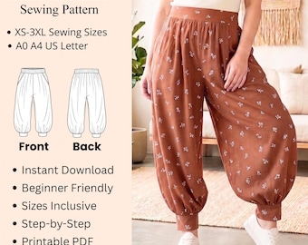 May include: A sewing pattern for balloon pants with text reading Balloon Pants Sewing Pattern, XS-3XL Sewing Sizes, A0 A4 US Letter, Instant Download, Beginner Friendly, Sizes Inclusive, Step-by-Step, Printable PDF, Professional Finish, Front, Back.