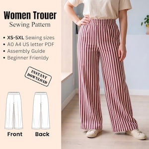 May include: A sewing pattern for trousers featuring vertical maroon and white stripes. The digital file includes sizes XS-5XL, A0, A4, and US letter formats, an assembly guide, and is labeled as beginner friendly with an instant download option.
