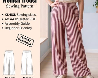 May include: A sewing pattern for trousers featuring vertical maroon and white stripes. The digital file includes sizes XS-5XL, A0, A4, and US letter formats, an assembly guide, and is labeled as beginner friendly with an instant download option.