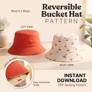 Può includere: Un cartamodello per cappello a secchiello reversibile con il testo Reversible Bucket Hat Pattern, Wear It 2 Ways, Instant Download e PDF Sewing Pattern. L'immagine mostra un cappello rosso tinta unita e uno color crema con stampa a ciliegie.