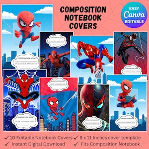 May include: A collection of composition notebook covers featuring various illustrations of Spider-Man. The covers are in a variety of poses and styles, with a cityscape background. The text "COMPOSITION NOTEBOOK COVERS" is at the top, and "ENTER YOUR NAME HERE" is on each cover.