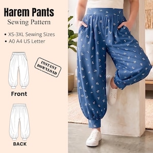 Harem Pants Sewing Pattern | Balloon Pant Pattern | A0 A4 File | Wide Leg Trousers for Women | Digital Download | Beginner Friendly XS-3XL