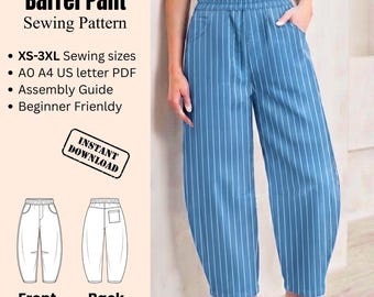 Barrel Pant Sewing Pattern PDF | Linen Wide Leg Pant Pattern | A0 A4 Printable Pattern | Balloon Leg Trouser | Beginner Friendly Instruction