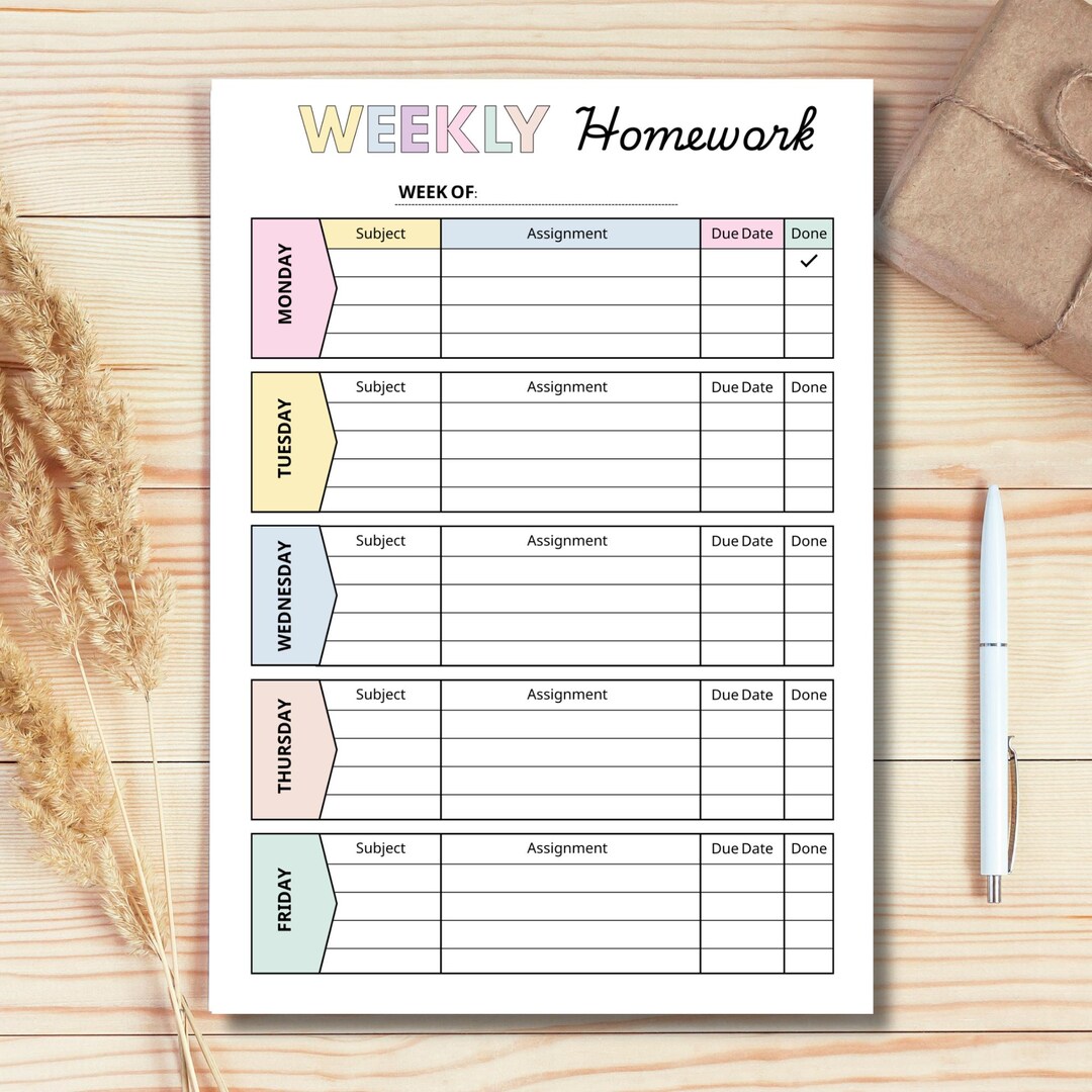 Weekly Homework Planner Printable | School Planner PDF | Kids Study ...