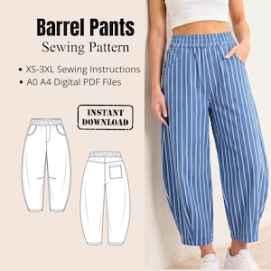 Patrón de costura en PDF para pantalón de pierna ancha / Patrón de pantalón de lino de pierna ancha / Patrón imprimible en formatos A0 y A4 / Pantalón de pierna abullonada / Instrucciones para principiantes