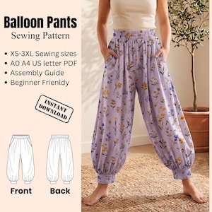 May include: Balloon pants sewing pattern with text: Balloon Pants Sewing Pattern, XS-3XL Sewing sizes, A0 A4 US letter PDF, Assembly Guide, Beginner Friendly, INSTANT DOWNLOAD. The pants are light purple with a yellow and blue floral print.
