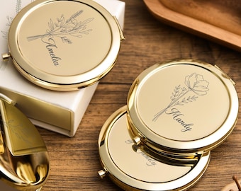 Bridesmaids Makeup Mirror Set, Engraved Pocket Makeup Mirror, Bridesmaids Gift, Elegant Bridal Shower Gift, Personalized Name Compact Mirror