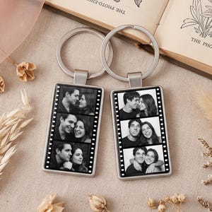 Personalized Film Strip Photo Keychain, Custom 3 Picture Metal Keyring, Anniversary Gift for Boyfriend or Girlfriend