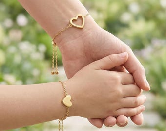 Mother Daughter Bracelet Set, Matching Heart Bracelets, Mommy and Me Gift, Waterproof Stainless Steel, Adjustable 2-4pcs