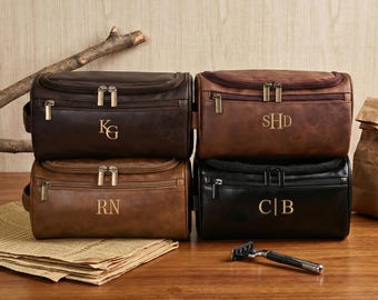 Embroidered Leather Toiletry Bag, Groomsmen Gift, Valentines Gift for Him, Travel Toiletry Bag, Leather Dopp Kit, Leather Accessory