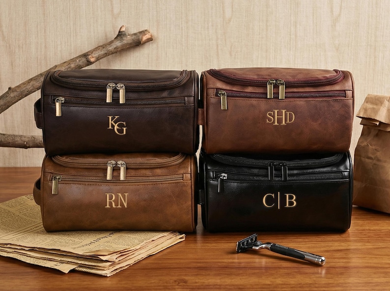 Personalized Leather Toiletry Bag, Groomsmen Gift, Embroidered Dopp Kit, Anniversary Gift, Travel Toiletry Bag, Leather Accessory image 8